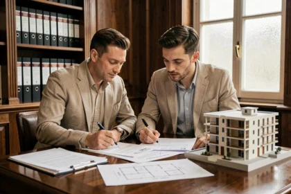 Couple signant un contrat de réservation pour un appartement neuf chez un notaire