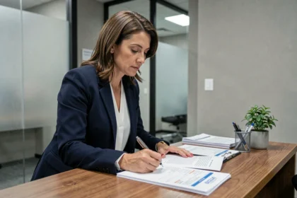 Femme signant un contrat de location dans une agence immobilière moderne
