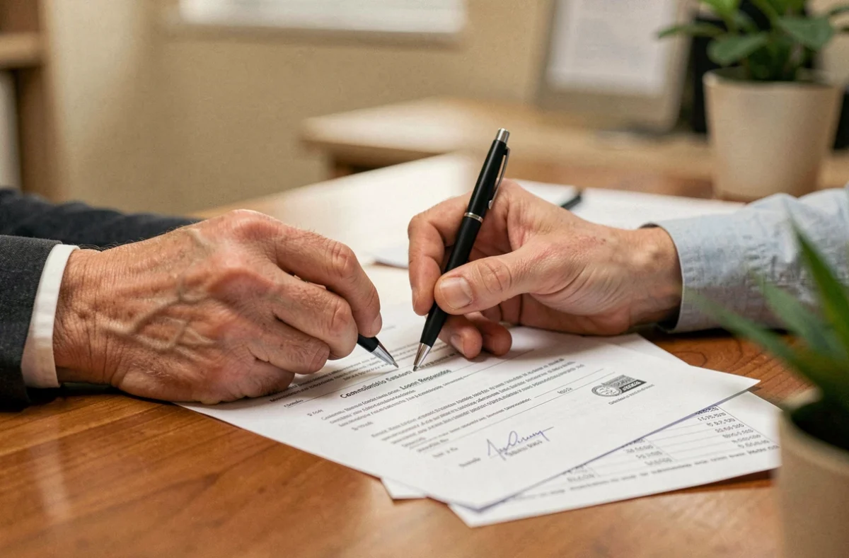 Gros plan sur des mains signant un document de renégociation de prêt bancaire sur un bureau en bois
