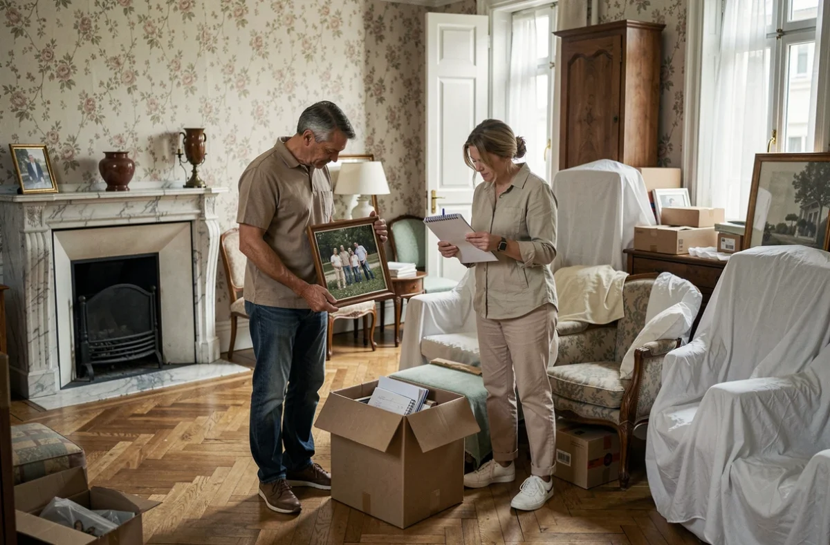 Deux héritiers triant des meubles et affaires personnelles dans une maison familiale avant sa mise en vente