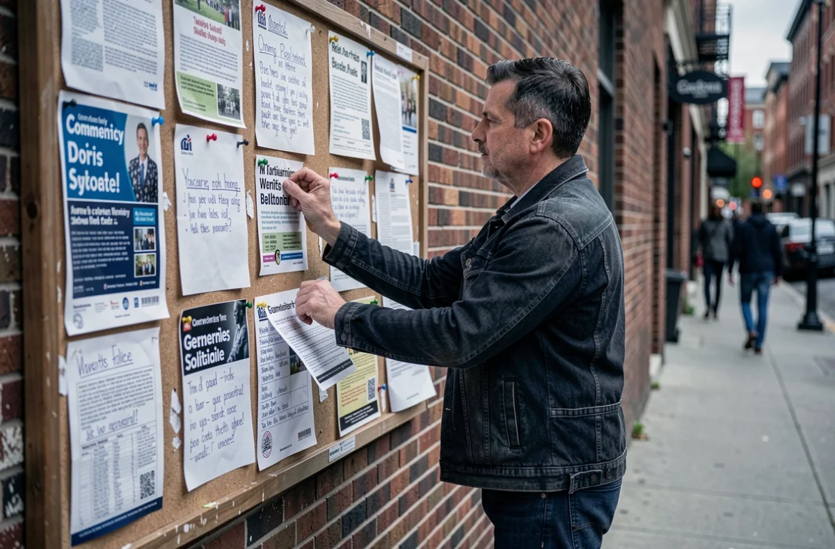 Homme consultant et affichant des annonces sur un tableau d'affichage communautaire en ville