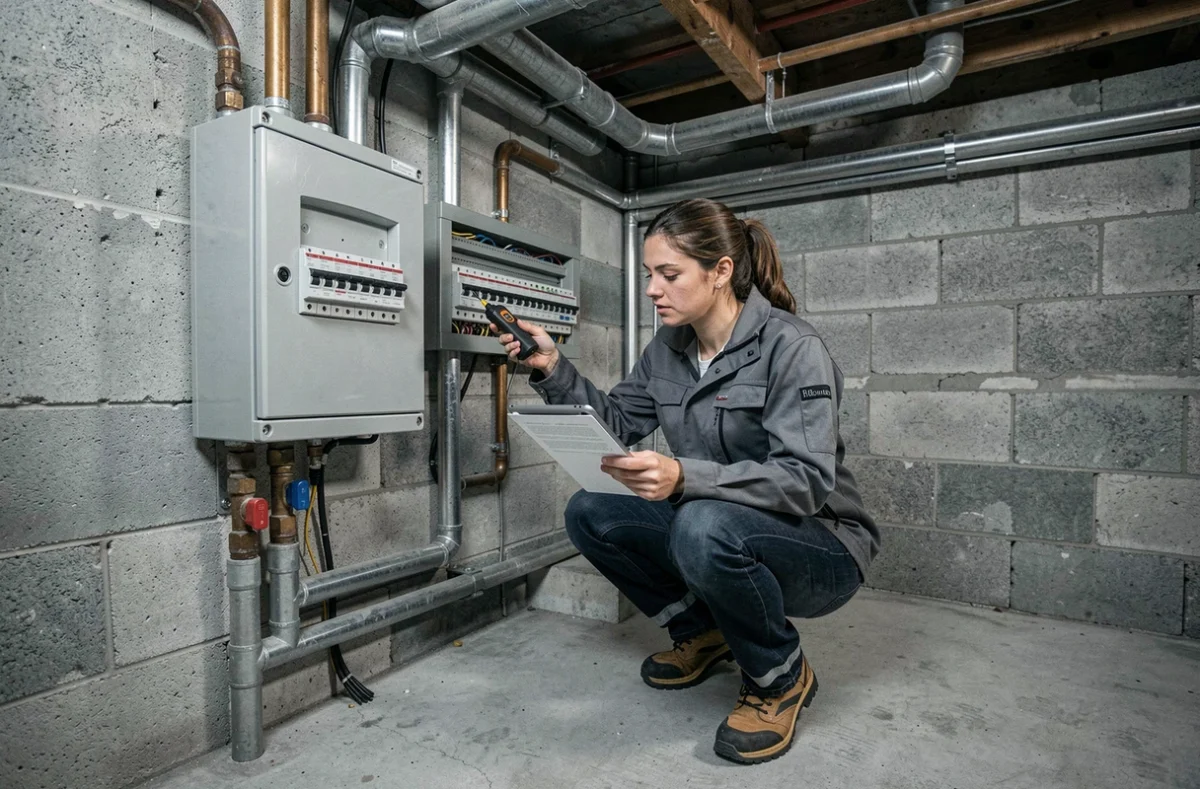 Technicienne inspectant le tableau électrique d'une maison lors d'un diagnostic de conformité