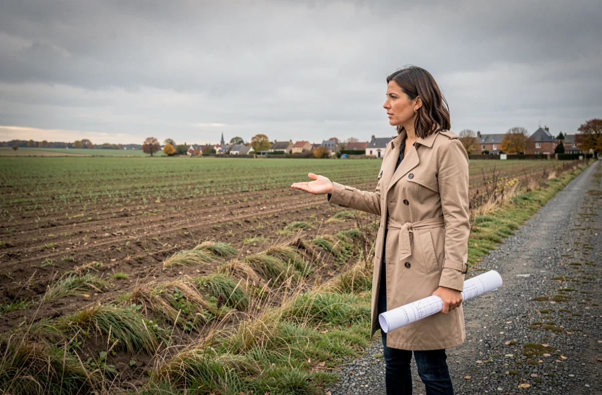 Promotrice immobilière évaluant un terrain agricole en périphérie de village pour une demande de changement de zonage