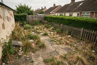 Terrain négligé envahi par les mauvaises herbes à côté d'une propriété bien entretenue en zone résidentielle