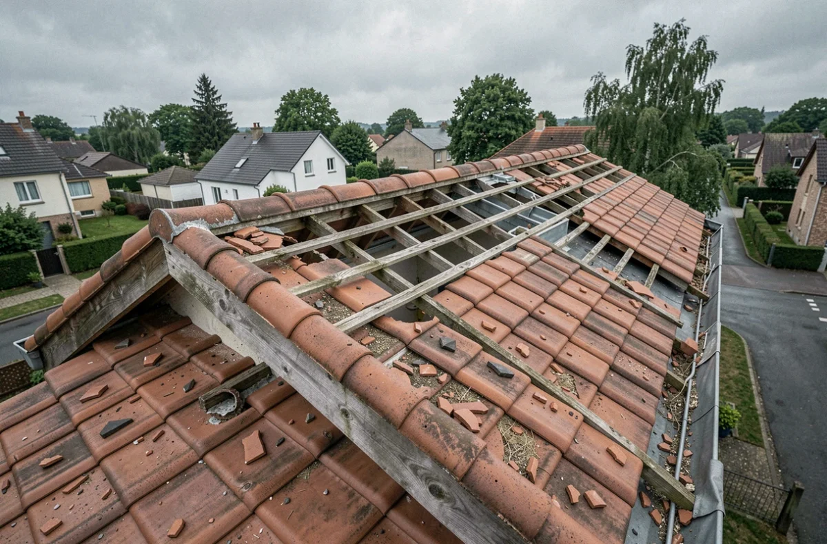 Toiture de maison individuelle endommagée avec tuiles manquantes et gouttière détachée après une tempête