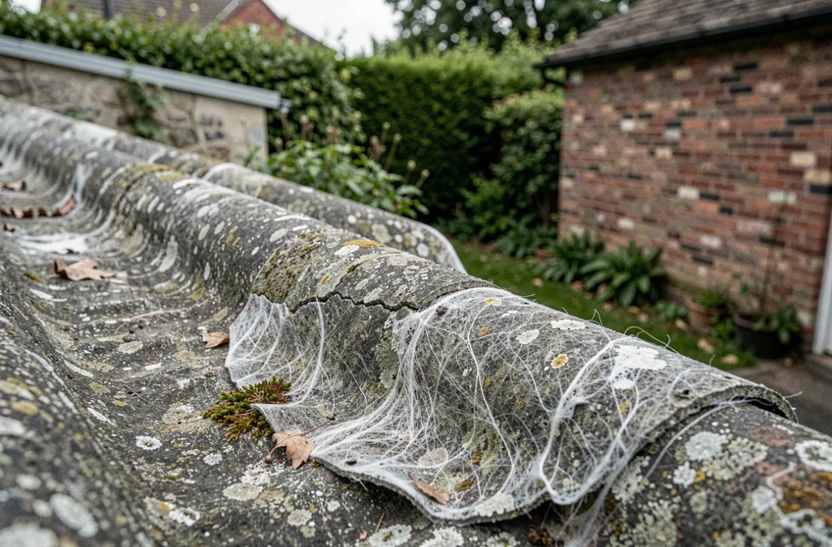 Détail d'une toiture en fibrociment amianté dégradée avec fissures et mousses sur un vieux bâtiment résidentiel