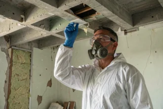 Travailleur en combinaison de protection blanche inspectant un plafond dégradé contenant de l'amiante dans un bâtiment ancien