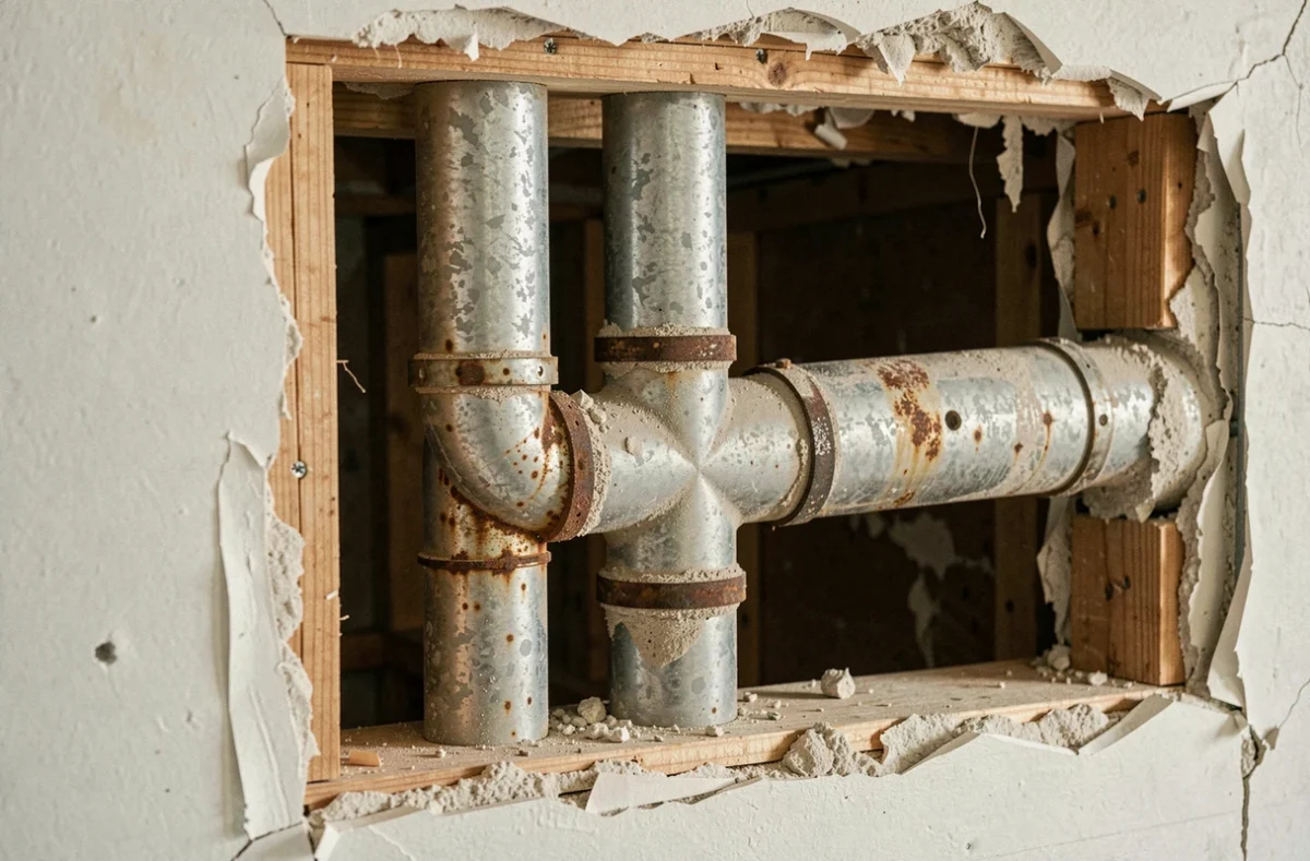 Tuyaux en acier galvanisé rouillés et entartrés visibles dans une cloison ouverte lors de travaux de rénovation de plomberie