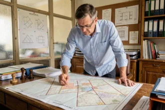 Urbaniste examinant un plan cadastral dans un bureau municipal pour reclasser un terrain en zone constructible