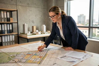 Urbaniste analysant des plans de zonage et des cartes de développement urbain dans un bureau municipal moderne