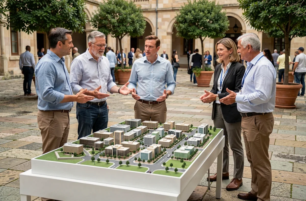 Groupe d'urbanistes discutant autour d'une maquette de quartier lors d'une réunion de planification urbaine en extérieur