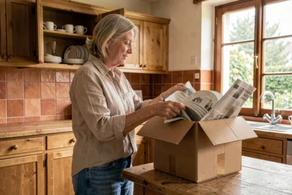 Femme vidant une cuisine avant la vente de sa maison en emballant la vaisselle dans des cartons
