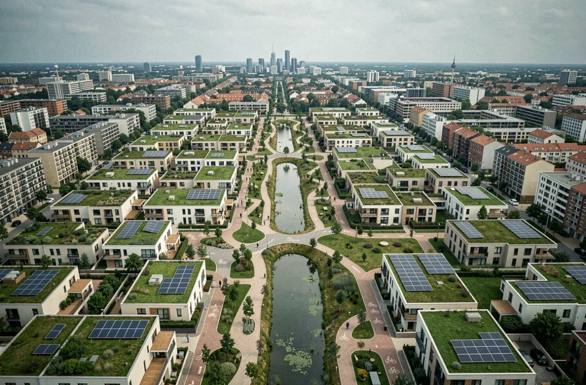 Vue aérienne d'un écoquartier avec toits végétalisés, panneaux solaires et espaces verts intégrés au tissu urbain